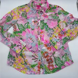 Lilly Pulitzer Nosey Posey Pink/Green Floral Button Down Blouse,‎ Size Large